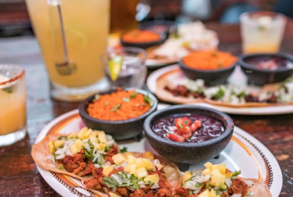 Tacos, beans and rice with margaritas.