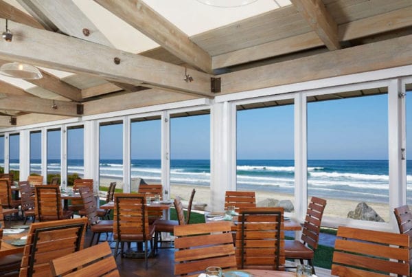 A view of the Pacific ocean from inside Jake's Del Mar.